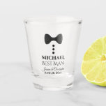 Fun Black Tie Tuxedo Best Man Wedding Favor Shot Glass<br><div class="desc">This wedding favor shot glass features a fun yet sophisticated design with a black bow tie and three buttons resembling a tuxedo. The text reads "Best Man" with a place for his name. Below is space for the names of the couple and the wedding date. Great way to thank him...</div>