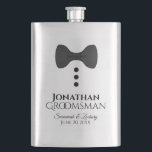 Fun Black Tie Tuxedo Groomsman Silver Flask<br><div class="desc">This fun flask is designed as a gift or favor for your groomsmen. It features an image of a black bow tie with three buttons, resembling a tuxedo. The text reads "Groomsman" and has a place for his name, the couple's names and wedding date. Great way to thank him for...</div>