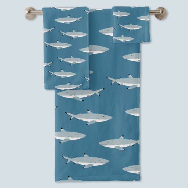 Fun Black Tipped Reef Shark Bath Towel Set (Fun Black Tipped Reef Shark pattern teal green towel set )