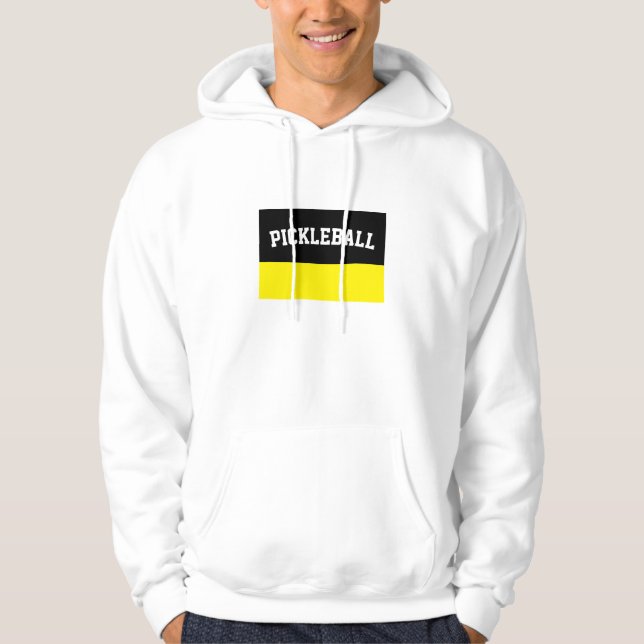 Fun Black Vivid Yellow Color Block Pickleball Text Hoodie (Front)