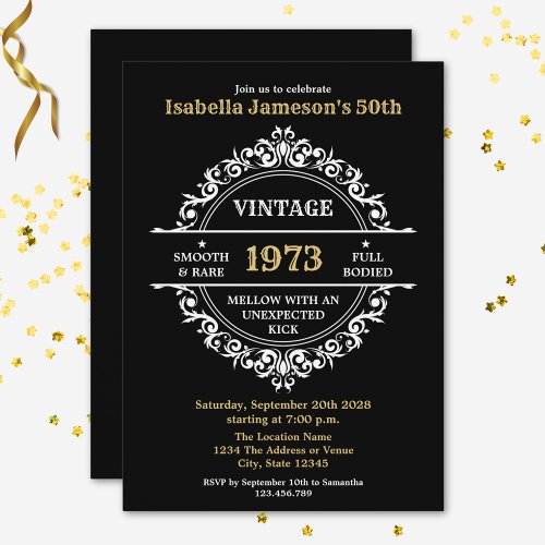Fun Black White and Gold Vintage Year Birthday  Invitation