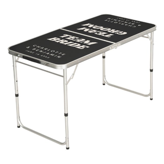 Fun Black White Bride Groom Wedding Personalized Beer Pong Table (Angled)