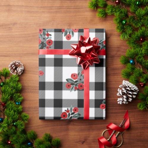 Fun Black White Buffalo Plaid Red Floral Christmas Wrapping Paper