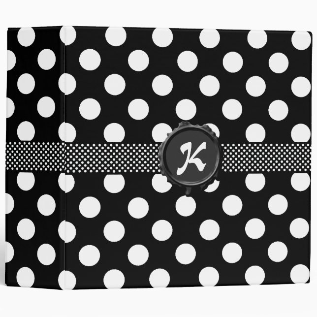 Fun Black & White Polka Dot Monogram Binder (Front/Spine)