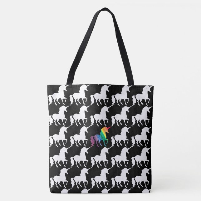 Fun Black & White Rainbow Unicorn Pattern Pretty Tote Bag (Front)