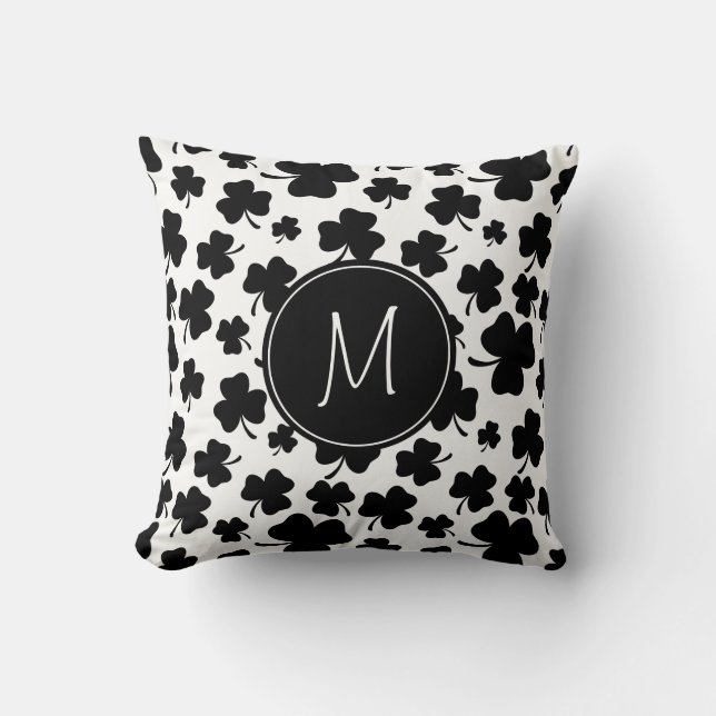 Fun Black & White Shamrock Pattern w/ Monogram Throw Pillow (Front)