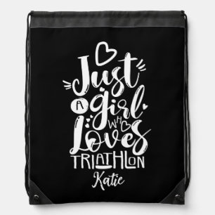 Fun Black White Triathlete Girl Motivation Script Drawstring Bag
