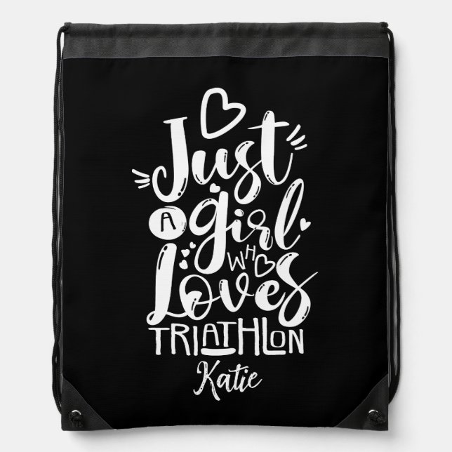 Fun Black White Triathlete Girl Motivation Script  Drawstring Bag (Front)