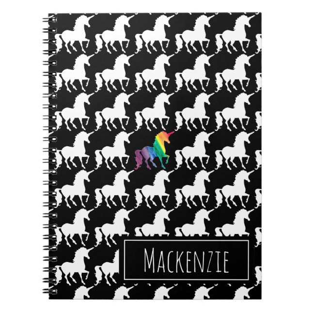 Fun Black & White Unicorn Rainbow Personalized Notebook (Front)