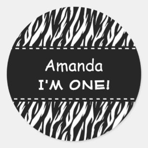Fun Black White Zebra Custom First Birthday V04 Classic Round Sticker