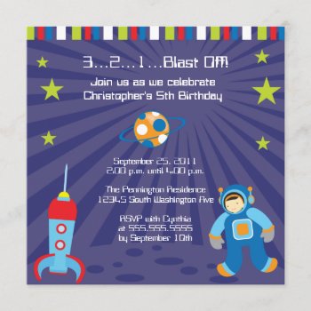 Fun Blast Off Spaceship Boys Birthday Party Invite by Jamene at Zazzle