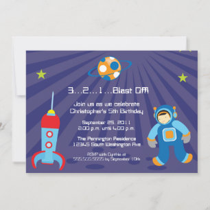 Fun blast off spaceship boys birthday party invite