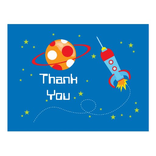 Fun blast off spaceship boys thank you postcard | Zazzle