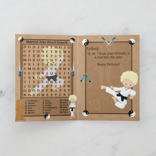 Fun Blonde Boys Karate Word Search Happy Birthday Card
