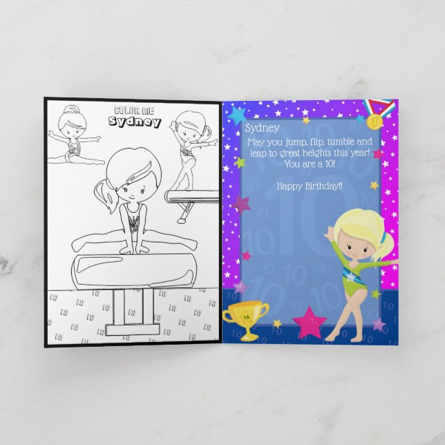 Fun Blonde Girls Gymnastics Coloring Page Birthday Card (Inside)