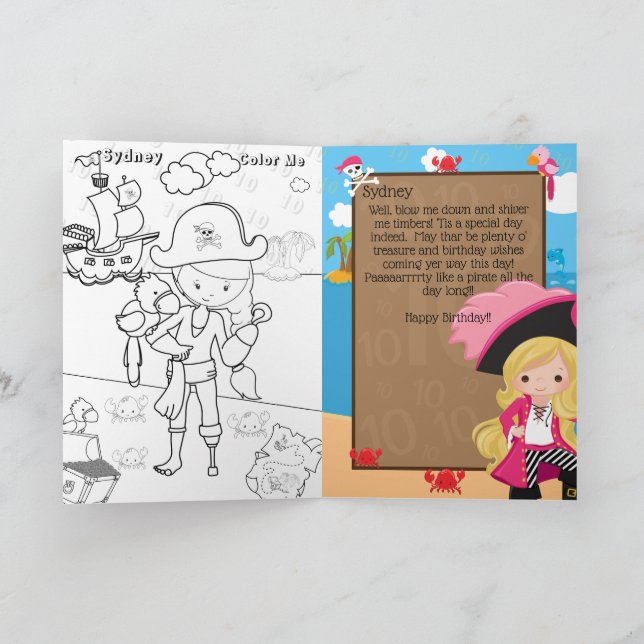 Fun Blonde Girls Pirate Color Me Happy Birthday Card (Inside)