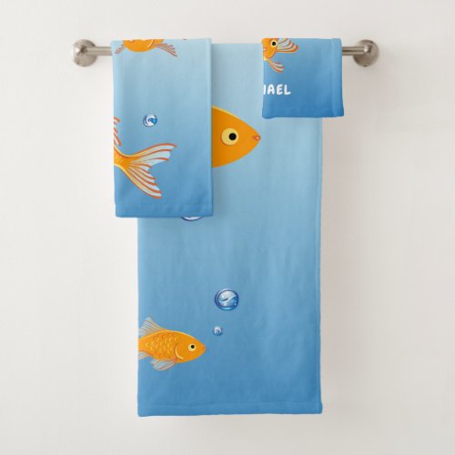 Fun Blue and Orange Goldfish Monogram Name Bath Towel Set