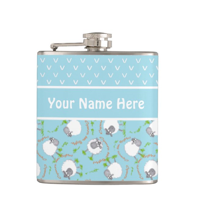 Fun Blue and White Custom Hip Flask, Comic Sheep Flask (Front)