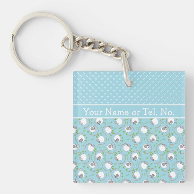 Fun Blue and White Custom Keychain, Comic Sheep Keychain (Front)