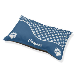 Fun Blue And White Dog Paws Pattern & Name Pet Bed