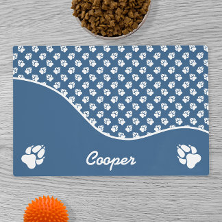 Fun Blue And White Dog Paws Pattern & Name Placemat