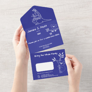 Fun Blue Australian Animals Twins 6th Birthday All In One Invitation