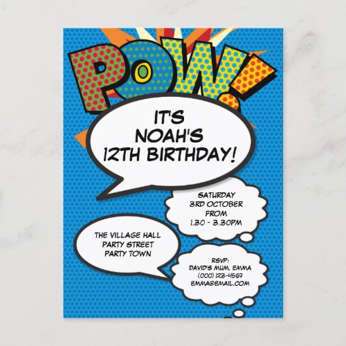 Fun Blue Birthday Party Any Age Modern Comic Invitation Postcard