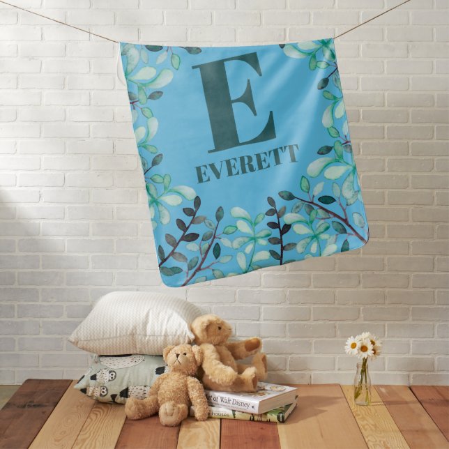 Fun Blue Botanical Baby Boy Monogram Nursery Baby Blanket (In Situ)