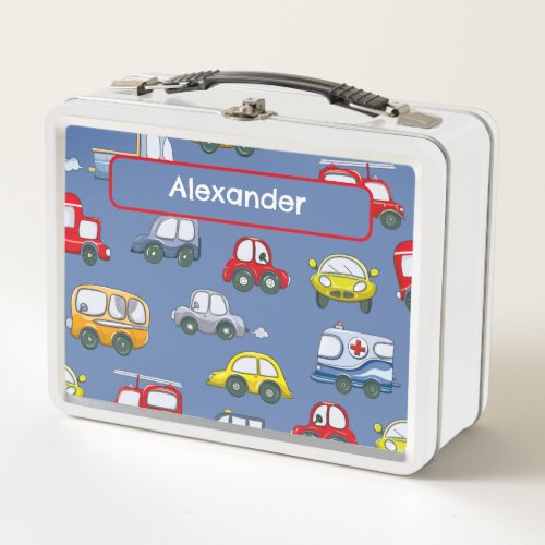 Fun Blue Car and Transport Themed Pattern Metal Lunch Box