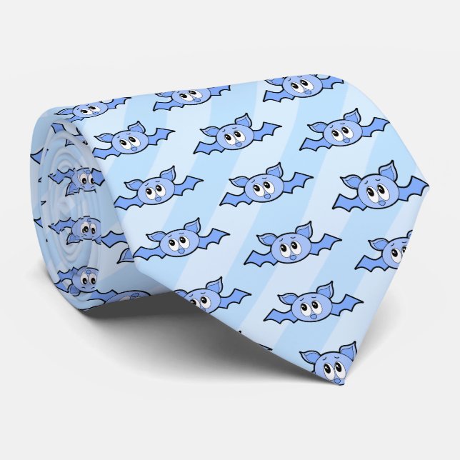 Fun Blue Cartoon Bats and Stripes. Novelty Spooky Neck Tie (Rolled)