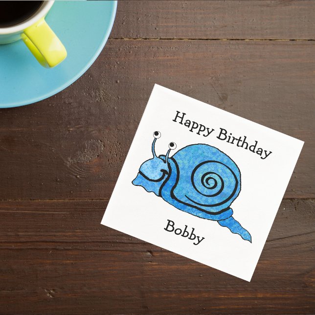 Fun blue Cartoon Birthday Smiling Snail Napkins (Smiling cute cartoon blue snail on white Happy Birthday napkins.)