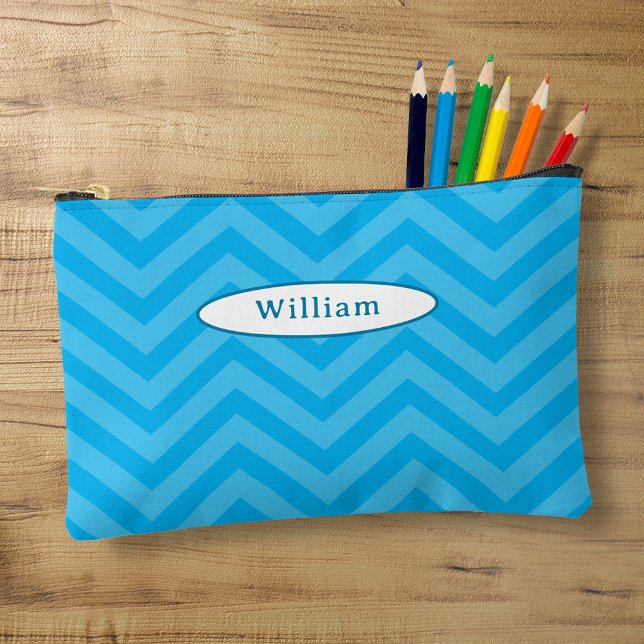 Fun Blue Chevron Pattern Personalized Pencil Case Accessory Pouch (Creator Uploaded)