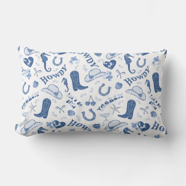 Fun Blue Coastal Cowgirl Pattern Lumbar Pillow (Front)