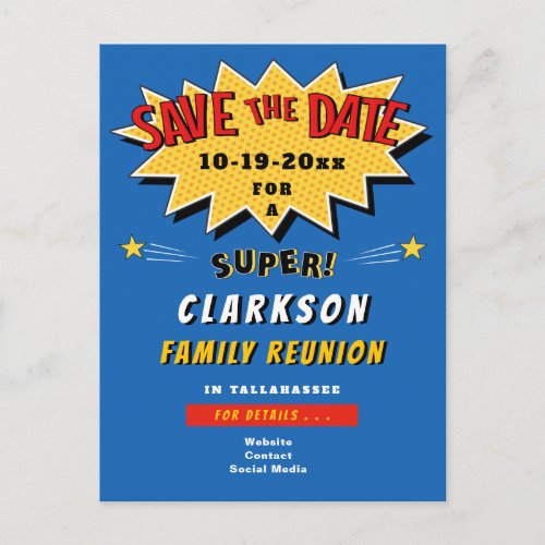Fun Blue Comic Super Family Reunion Save the Date Invitation Postcard