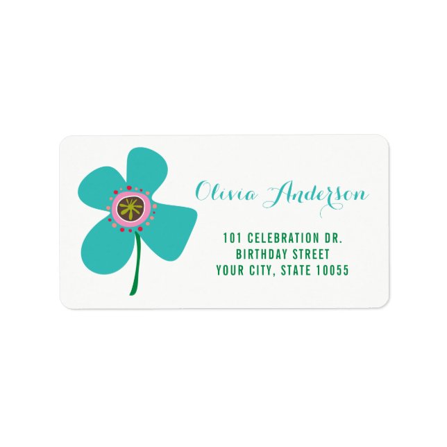 Fun Blue Daisy Pop Chic Kid Birthday Party Address Label (Front)