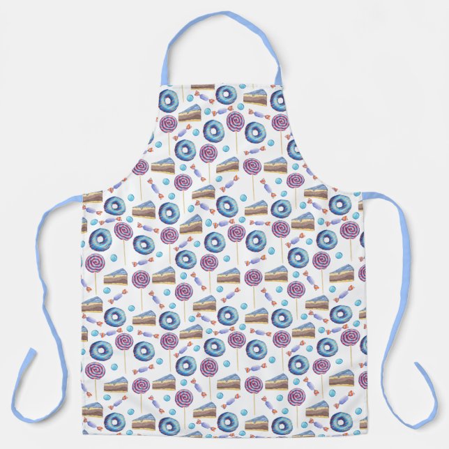 Fun Blue Donuts and Cupcakes Pattern Apron (Front)