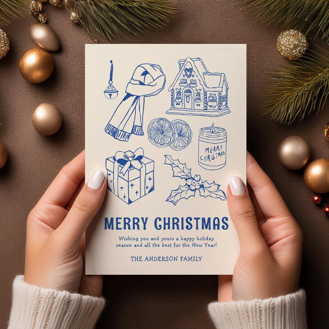 Fun Blue Doodle Non-Photo Christmas Holiday Card (Creator Uploaded)