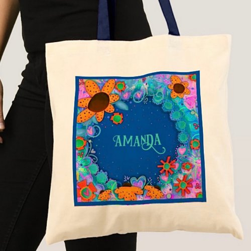 Fun Blue Floral Inspirivity Personalized Tote Bag