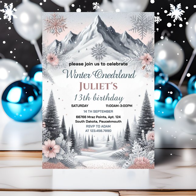 fun blue girl snow Winter Onederland 13th birthday Invitation (Creator Uploaded)