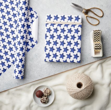 Fun Blue Glitter Star Pattern on White   Wrapping Paper