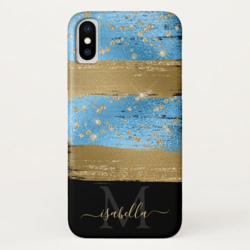 Fun Blue Gold Glitter Script Monogrammed iPhone XS Case