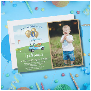 Fun Blue Golf Cart Photo First Birthday Boy Invitation