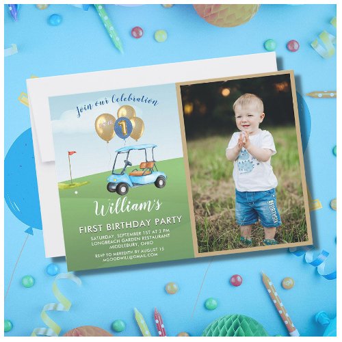 Fun Blue Golf Cart Photo First Birthday Boy Invitation