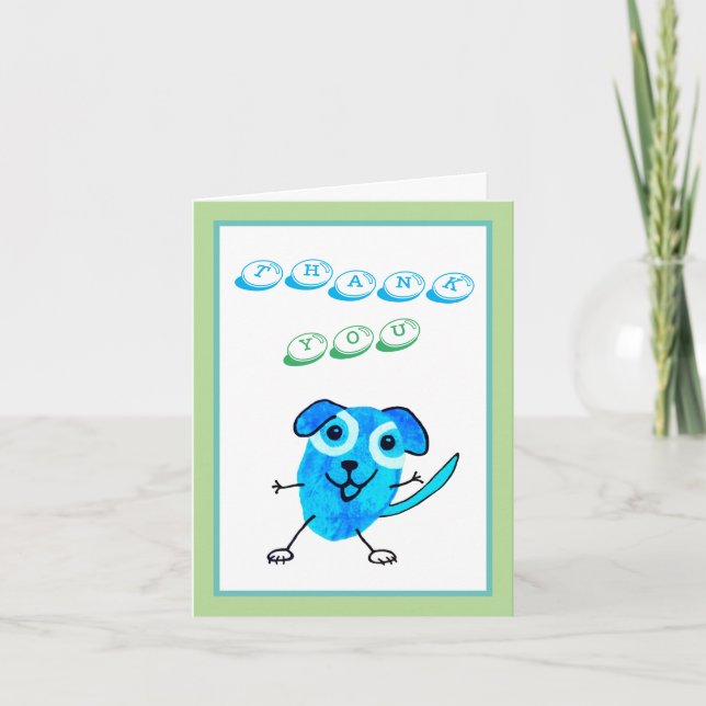 Fun Blue Green Funny Dog Kids Birthday Thank You Card (Front)