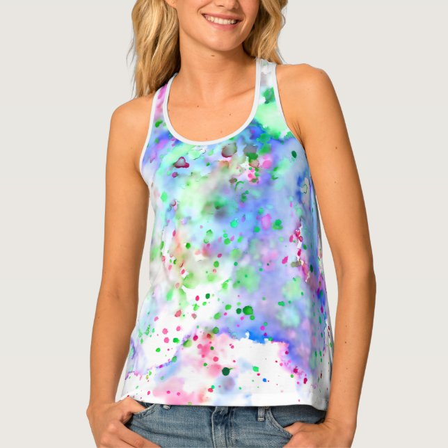 Fun Blue Green Purple & Pink Artsy Paint Splatter Tank Top (Front)