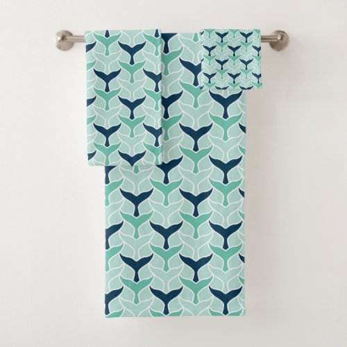 Fun blue green white whale tail or mermaid tail bath towel set