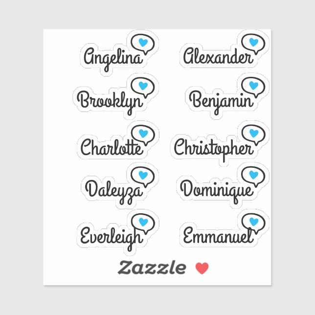  Fun Blue Heart Speech Bubble Guest List 10 Names Sticker (Sheet)