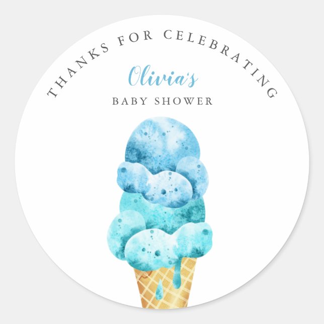 Fun Blue Ice Cream Baby Shower Favor Classic Round Sticker (Front)