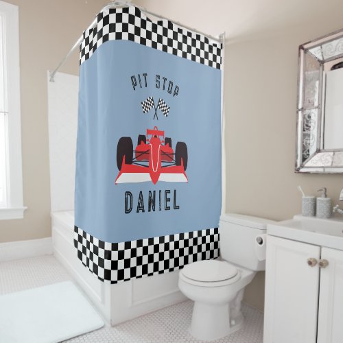 Fun Blue Kids Red Racing Car Shower Curtain