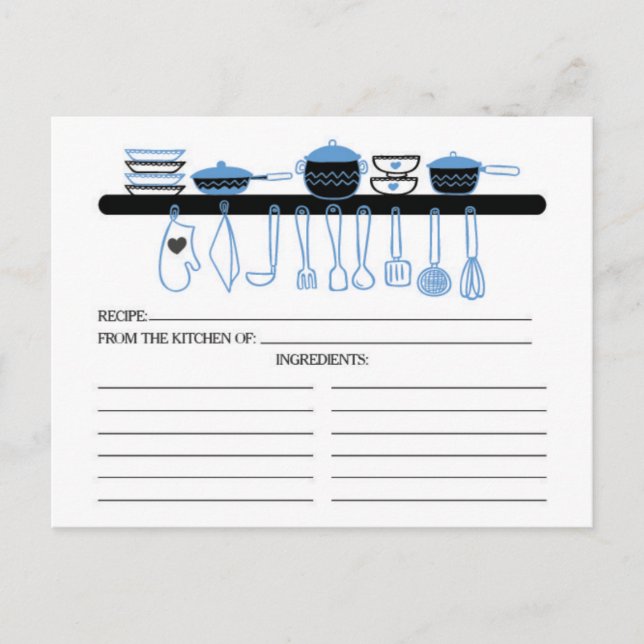 Fun Blue Kitchen Gadgets Bridal  Recipe Cards (Front)